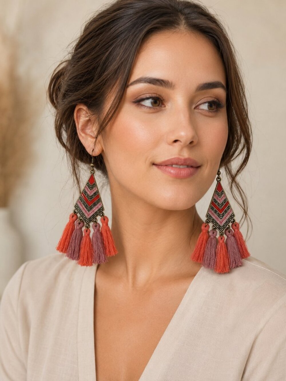 Boho Fringe Dangle Earrings Coral Lilac Statement